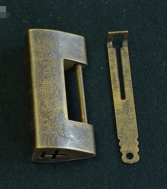 Antique Chinese Ancient Copper Lock Hanging Box Lock Bolt Padlock Carving Fish