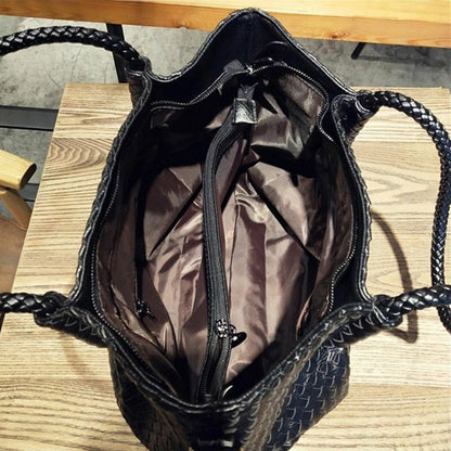 Luxury ladies leather woven tote bag fashion zipper multifunctional shoulder bag