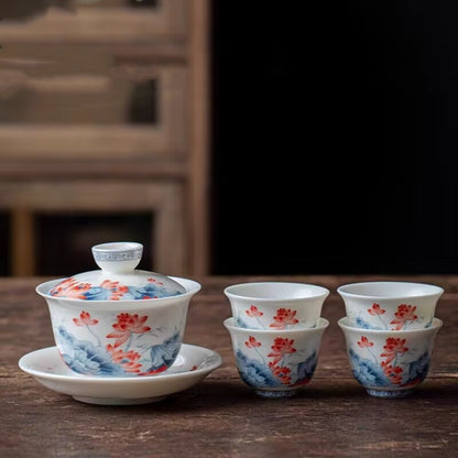 Jingdezhen Ceramic Gaiwan Mutton Jade Porcelain Tureen Matching Tea Cup Pitcher