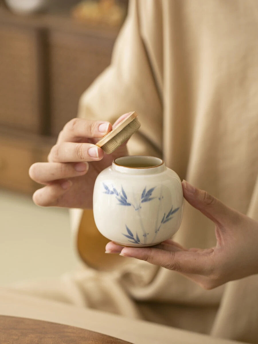 Hand Drawn Bamboo Persimmon Tea Jar Zen Ceramic Sealed Tea Can Storage Tank