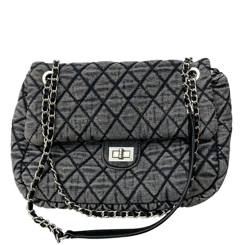 Large Quilted Denim Shoulder Bag Flap Purse Handbag w/ Chains Fashion Hobo Tote