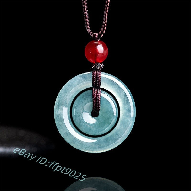 Grade A Natural Blue Jade Jadeite Men Women Lucky Circle Peace Pendant Gift