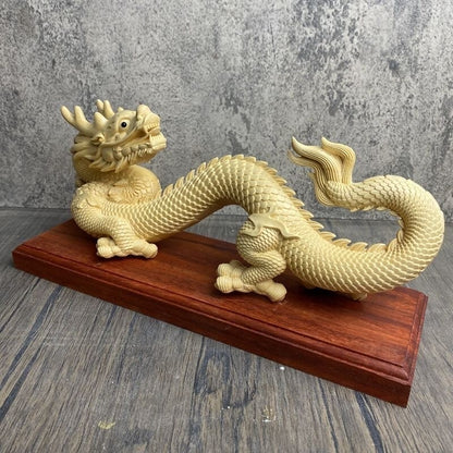 9" Long Boxwood Carved Dragon Statue Woodwork Sculpture Feng Shui Decor