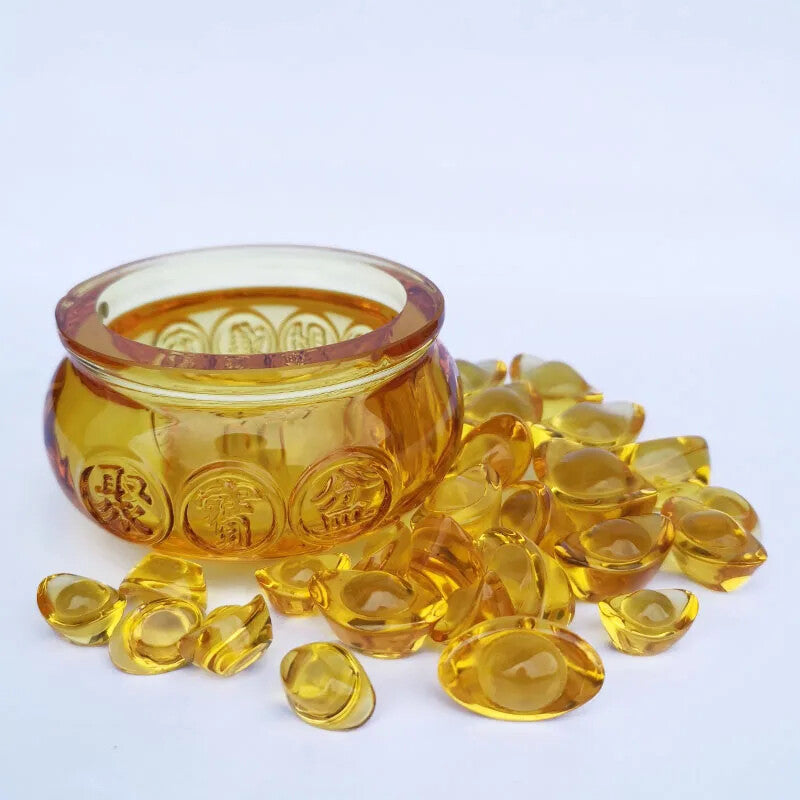 Feng Shui Paperweight Crystal Cornucopia Glass Treasure Bowl with Ingots Coins