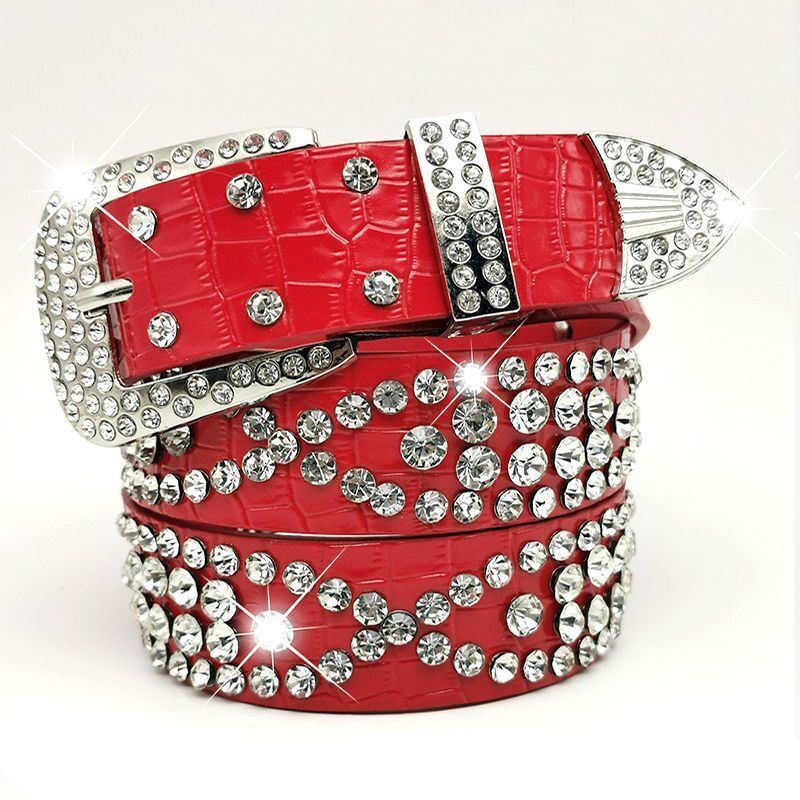 Women Leather Belt Rhinestone Fashion Men Casual Bling Jeans Waistband 110x3.3cm