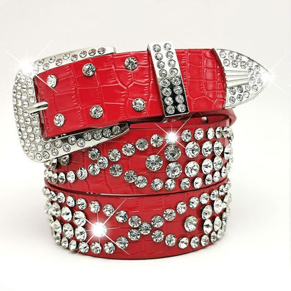 Women Leather Belt Rhinestone Fashion Men Casual Bling Jeans Waistband 110x3.3cm