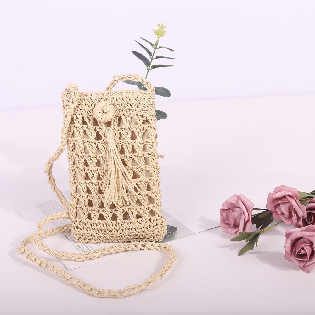 Handmade Rattan Woven Handbag Straw Knitted Messenger Bag Beach Purse 20*12 CM