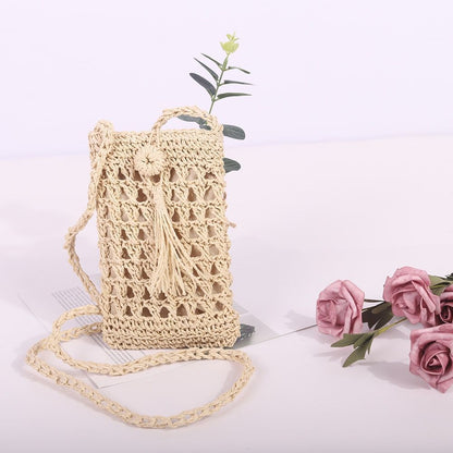 Handmade Rattan Woven Handbag Straw Knitted Messenger Bag Beach Purse 20*12 CM