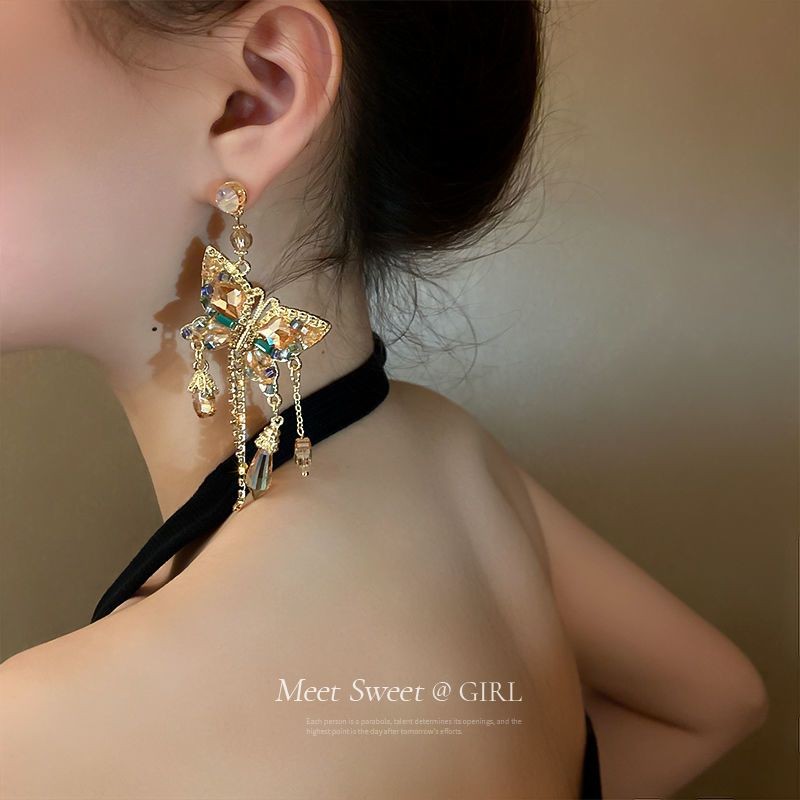 Champagne Crystal Butterfly Tassel Earrings Gold Rhinestone Dangle