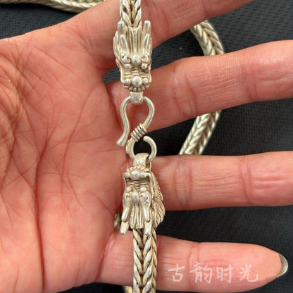 Vintage Copper Silver-Plated Double Dragon Necklace, Antique Collection