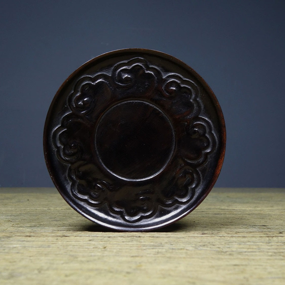 Antique Style Sandalwood Carved Xiangyun Ruicai Tea Coaster Cup Pad Decor 9cm