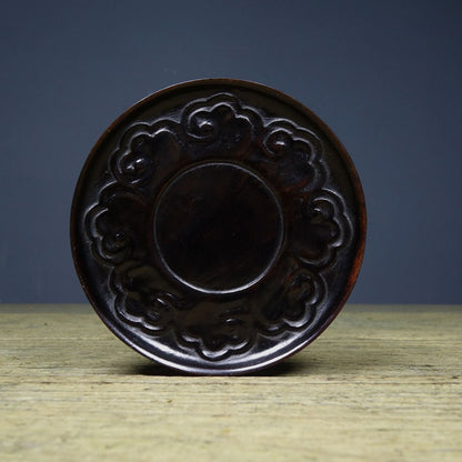 Antique Style Sandalwood Carved Xiangyun Ruicai Tea Coaster Cup Pad Decor 9cm