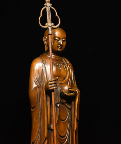 Chinese Buddhism Boxwood Wood Carve Stand Ksitigarbha Boddhisattva Buddha Statue