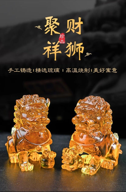 Pair Golden Liu Li Crystal Lion Statue Guardian Foo Fu Dog Artwork Home Decor