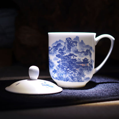 Jingdezhen Blue and White Bone Porcelain Cup Ceramic Tea Cup with Handle Lid