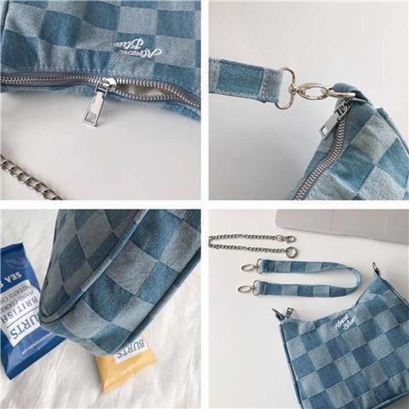 Blue Vintage Japanese Style Chains Women Shoulder Bag Soft Top Handle Purse 1 PC