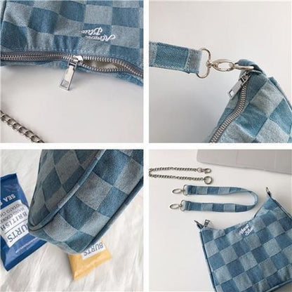Blue Vintage Japanese Style Chains Women Shoulder Bag Soft Top Handle Purse 1 PC