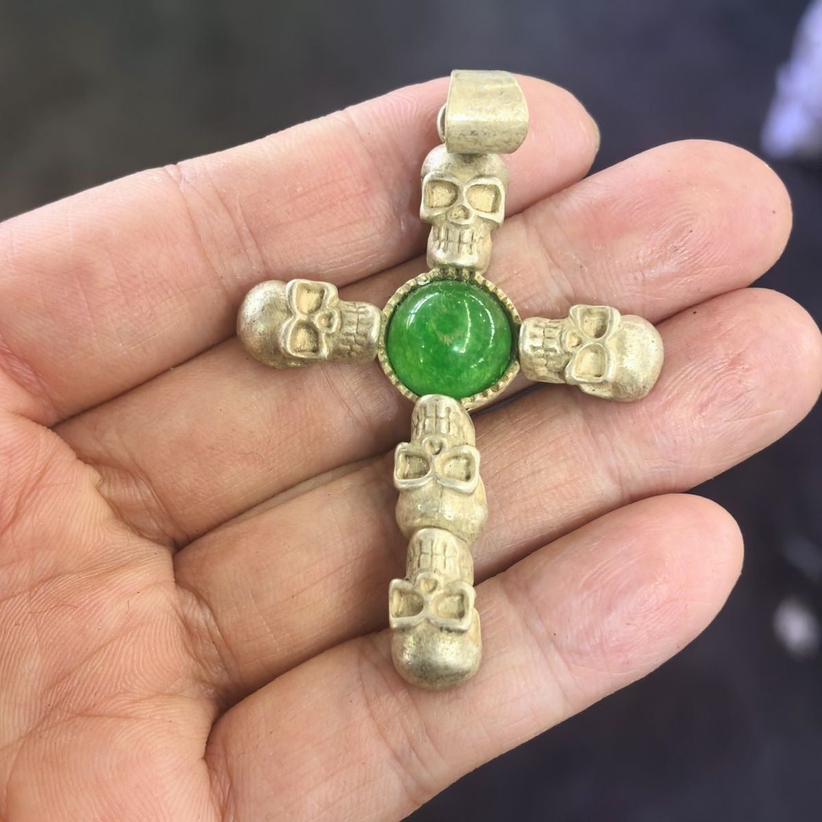 Tibetan Old Collection Antique Skull Cross Inlaid Gemstone Pendant Retro Gift