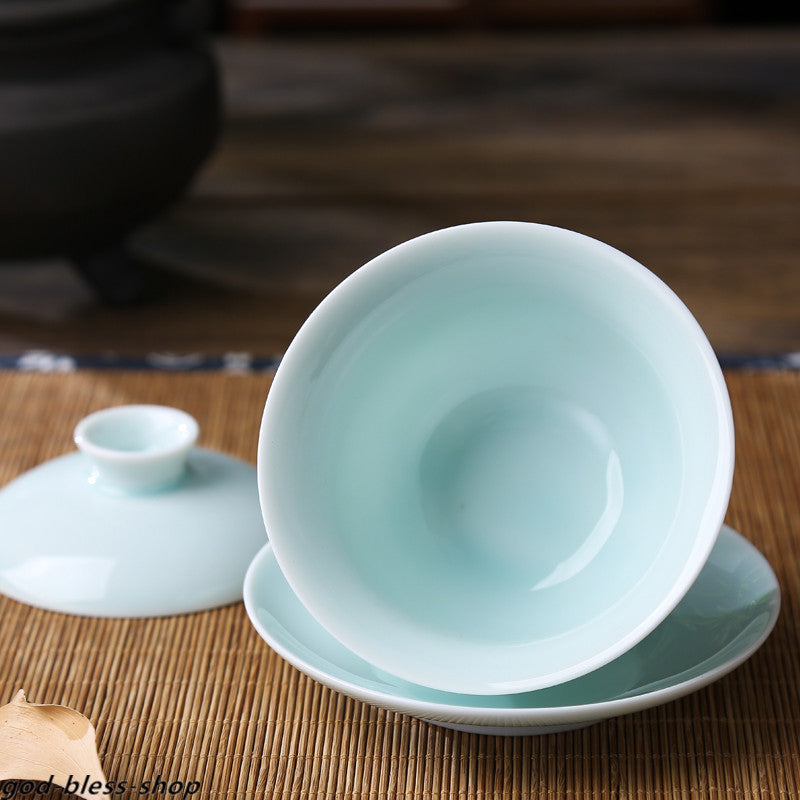 Jingdezhen Porcelain Gaiwan Celadon Tureen Covered Bowl With Lid Cup Saucer New