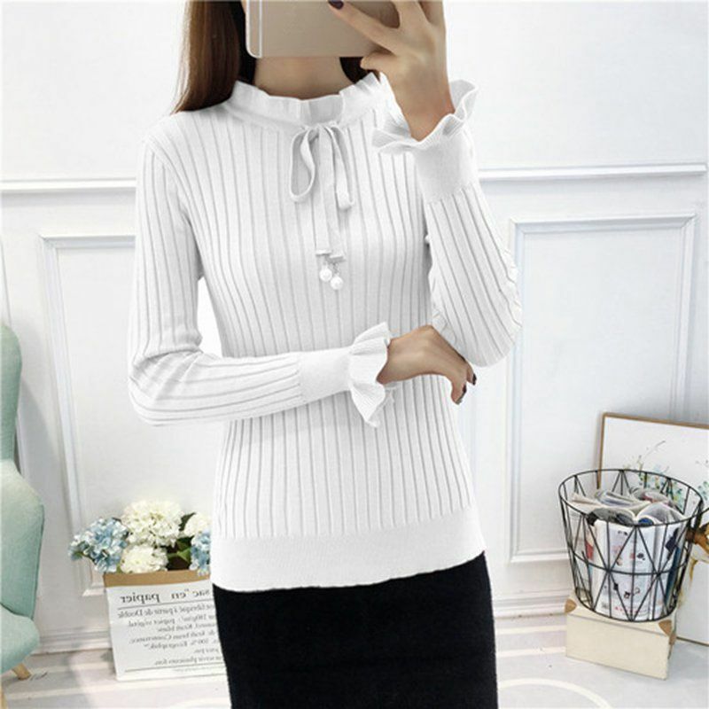 Women Sweater Knitted Long Sleeve Knitwear Elastic Basic Korean Style Pullover