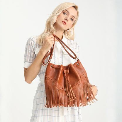 Women's Bag Casual Drawstring Tassel Bucket Bag PU Fringe Female Messenger Bag