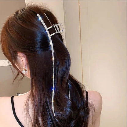 Women Tassel Hair Claws Clips Metal Shiny Rhinestones Long Chain Headwear 11x4cm