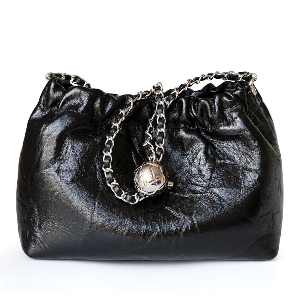 Small Mini Ruched Real Leather Clutch Pouch Purse Shoulder Bag w/ Chain Fashion