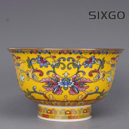 Chinese Qing Qianlong Famille Rose Porcelain Yellow Glaze Flowers Bowl