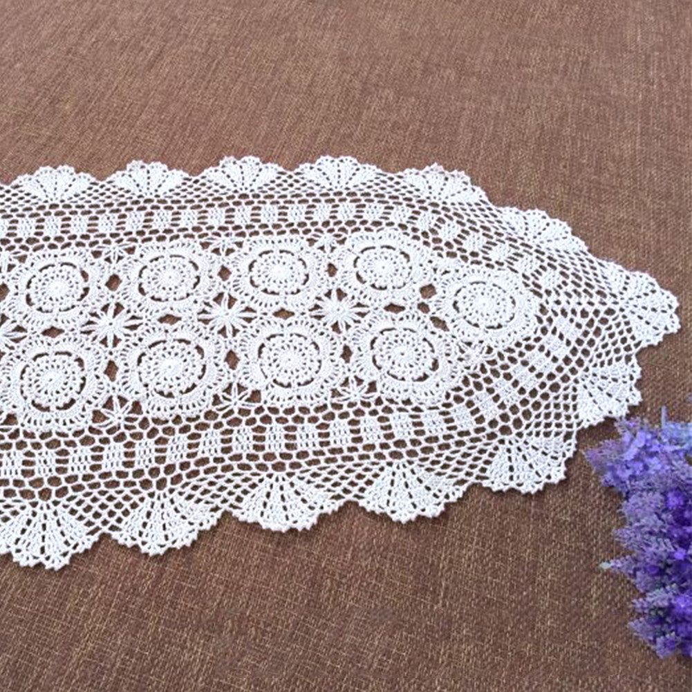 White Vintage Table Runner Hand Crochet Dresser Scarf Oval Lace Doily 15"x78"