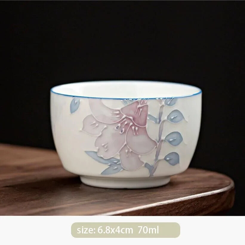 Chinese Hand-painted Ceramic Teacup Three-dimensional Relief Flowers Tea Bowl