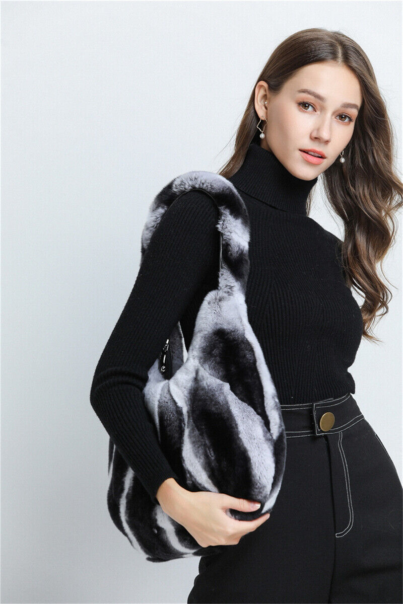 Fashion Womens Hobo Bags Full-pelt Rex Rabbit Fur Tote Bags Casual Shoulder Bags