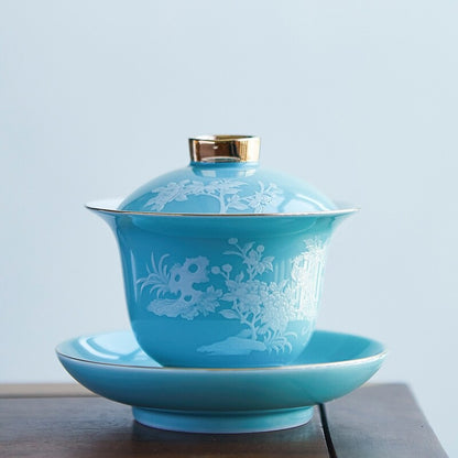 160ml Porcelain Gaiwan Flower Relief Sancai Bowl Saucer Ceramic Tureen Lid Gift
