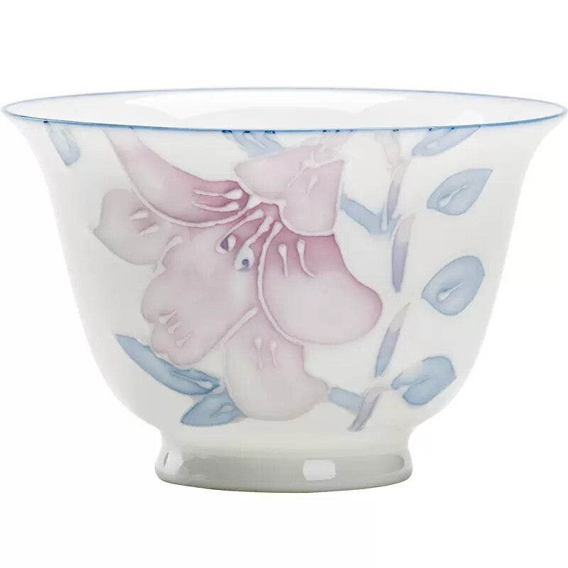 Handmade Tea Cup Porcelain Personal Cup Lily Floral Relief Carved 45ml One Piece