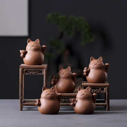 Purple Clay Lucky Cat Tea Pet Handmade Cute Small Animal Figurines Creative