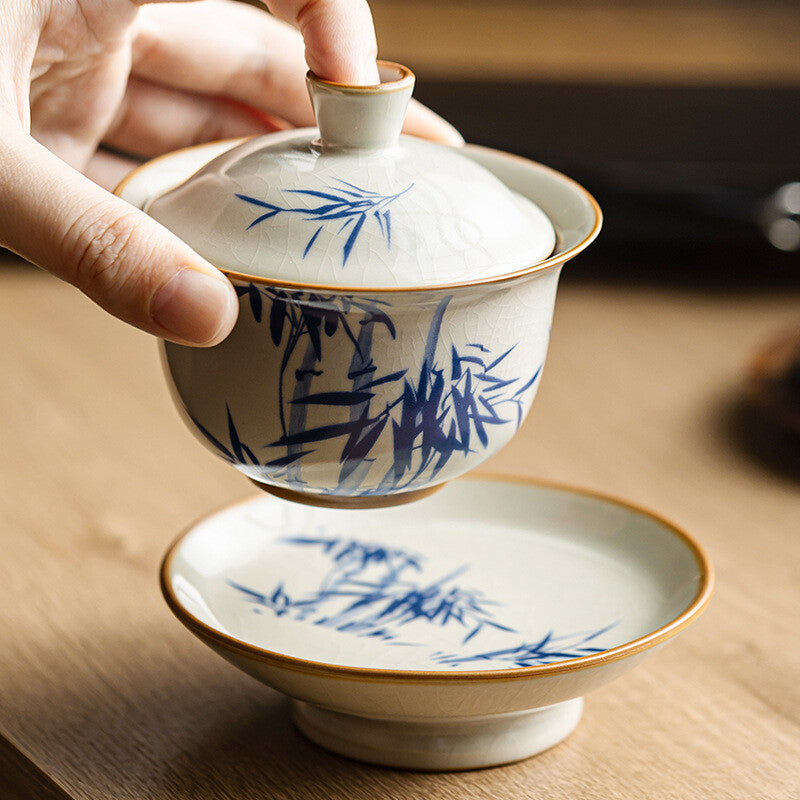 Gaiwan Ruyao Craft Crackle Glaze Porcelain Tureen With Saucer Lid Bamboo Print