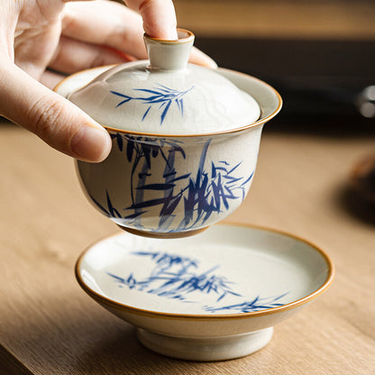 Gaiwan Ruyao Craft Crackle Glaze Porcelain Tureen With Saucer Lid Bamboo Print