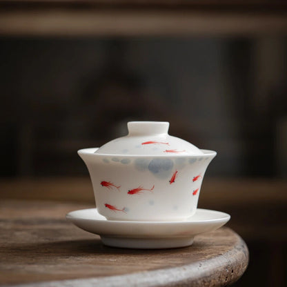 White Porcelain Ru Kiln Hand-painted Fish Cover Bowl Ceramic Household Tea Bowl