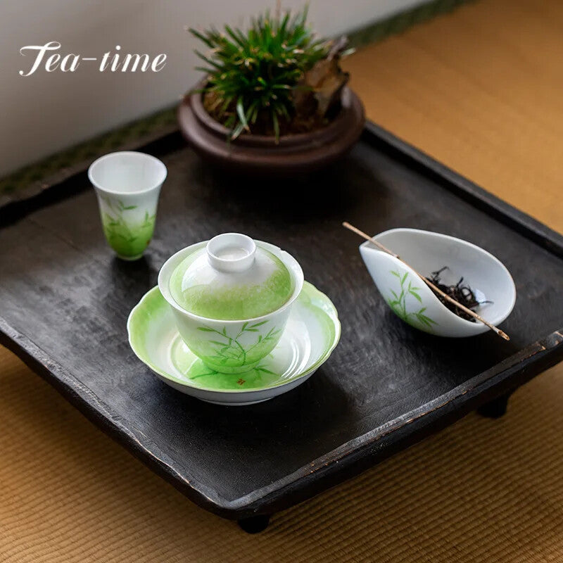 150ml Retro Grass Green Ceramic Tea Tureen Hand-painted Bamboo Tea Bowl