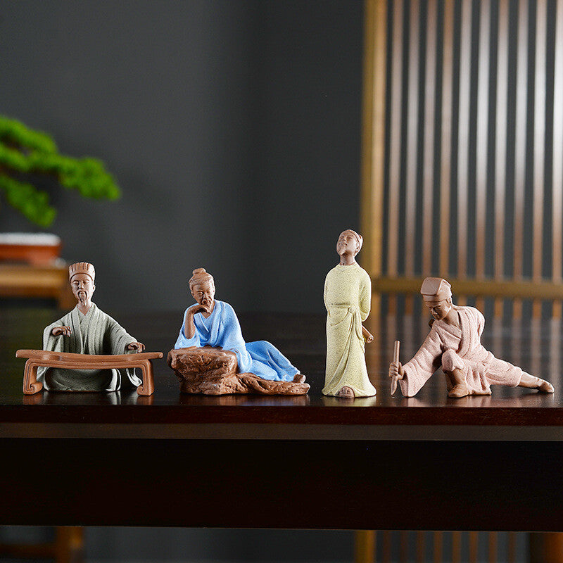 4pcs Yixing Zisha Purple Clay Pottery Handmade Tea Pet Posture On Tea Table Set