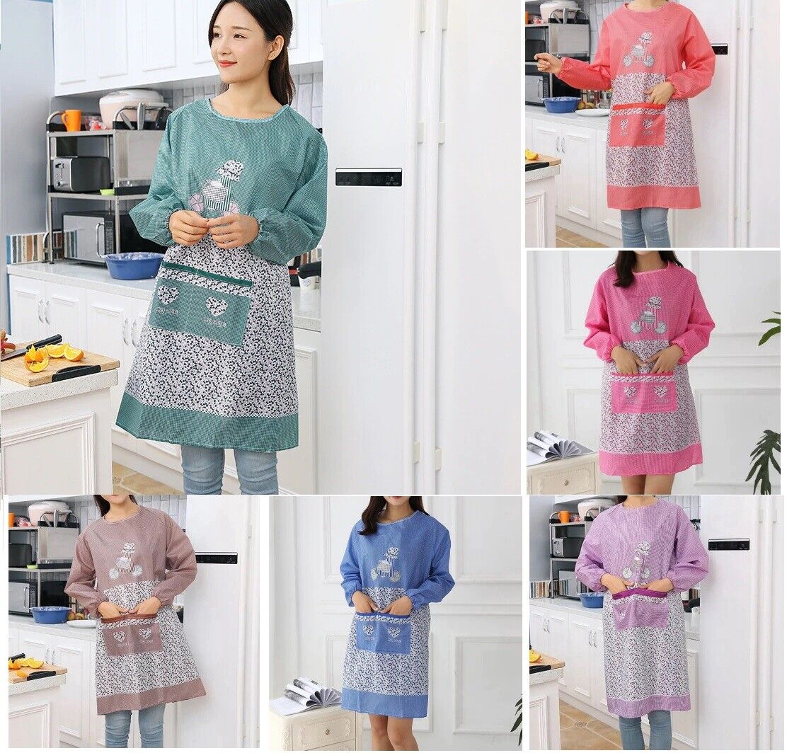Women Kitchen Apron Long Sleeve Cooking Baking Workwear Bib Polyester 68x46x30cm