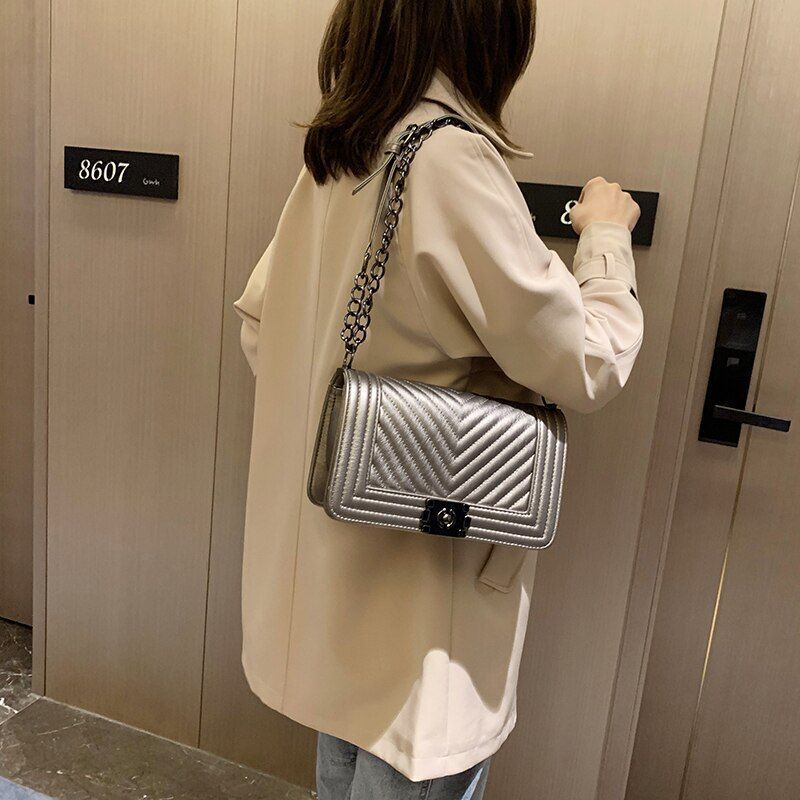 Chain Shoulder Bag V-Line Leather Crossbody Bags Lock Messenger Handbag 9 Colors