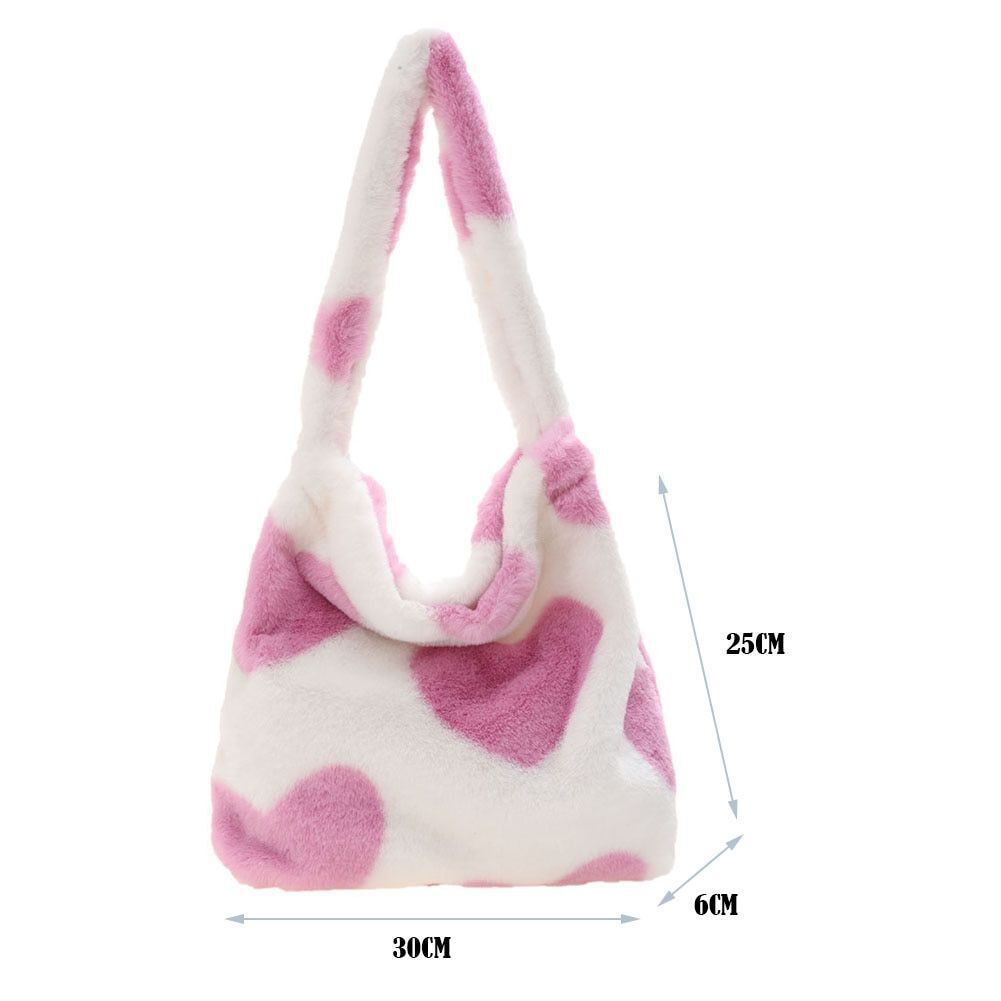 Heart Leopard Print Bag Soft Plush Shoulder Bag Large Travelling Purse 30*25*6CM