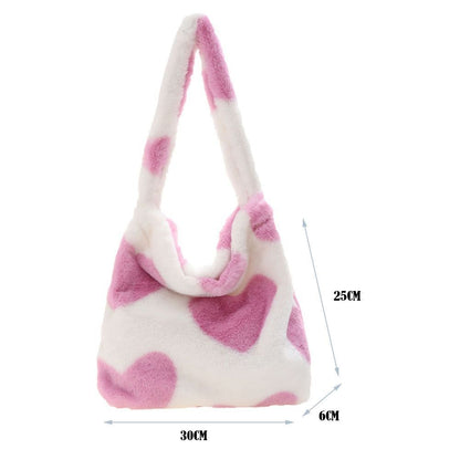 Heart Leopard Print Bag Soft Plush Shoulder Bag Large Travelling Purse 30*25*6CM