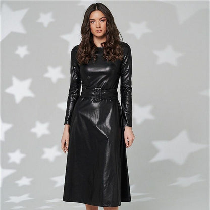 Womens Dresses Belt Faux Leather Long Sleeve Slim Fit A-line Full Length Solid