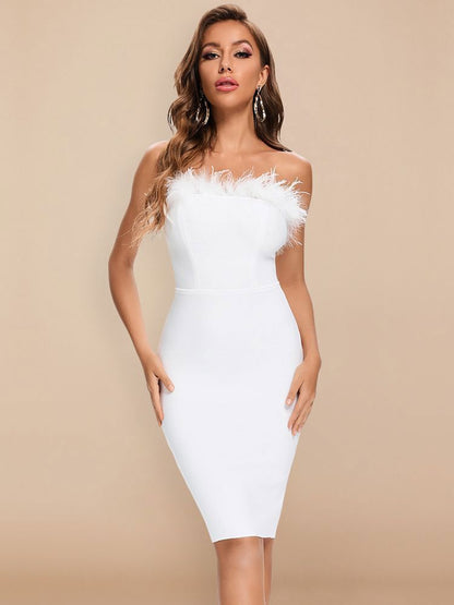 White Sexy Feathers Bandage Dresses For Women Pink Bodycon Dress Club