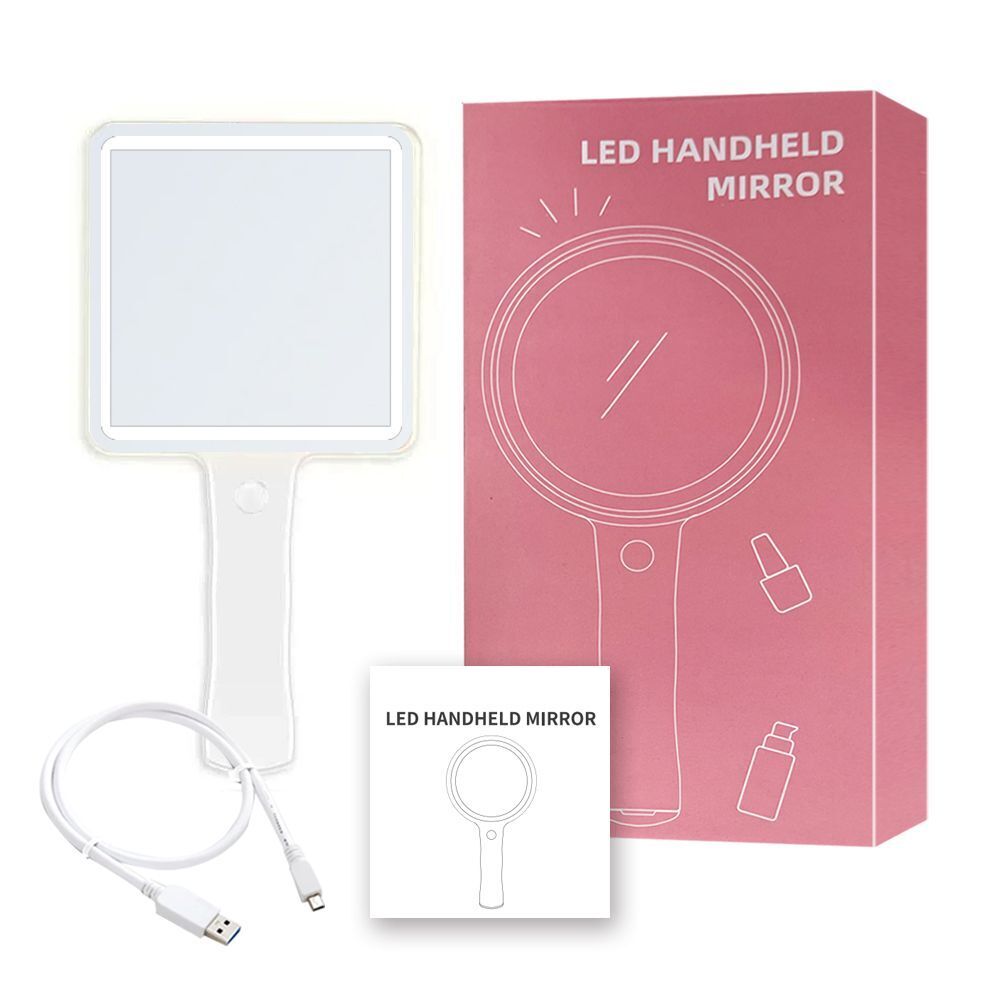 USB Makeup Mirror ABS+Glass LED Light Compact Handheld Vanity Round Touch Screen