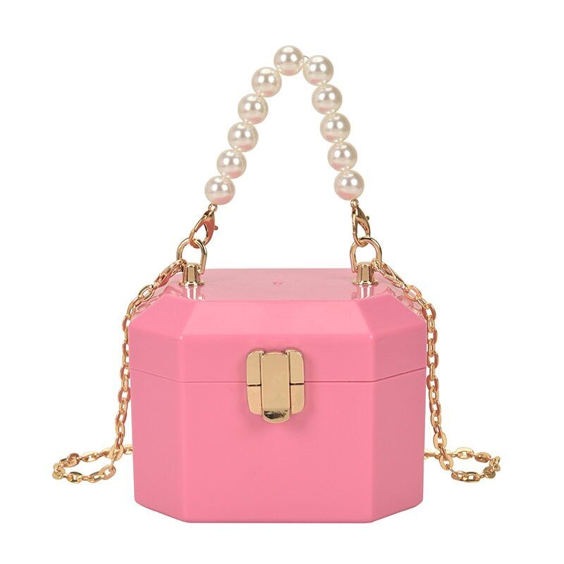 Box Handbags Women Pearl Beads Decor Lock Chain Shoulder Bag Purses Bag