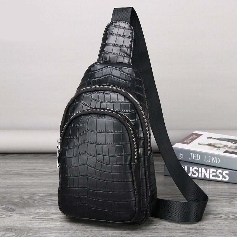 Black Real Leather Sling Backpack, Men's Crossbody Chest Bag Crocodile Printing