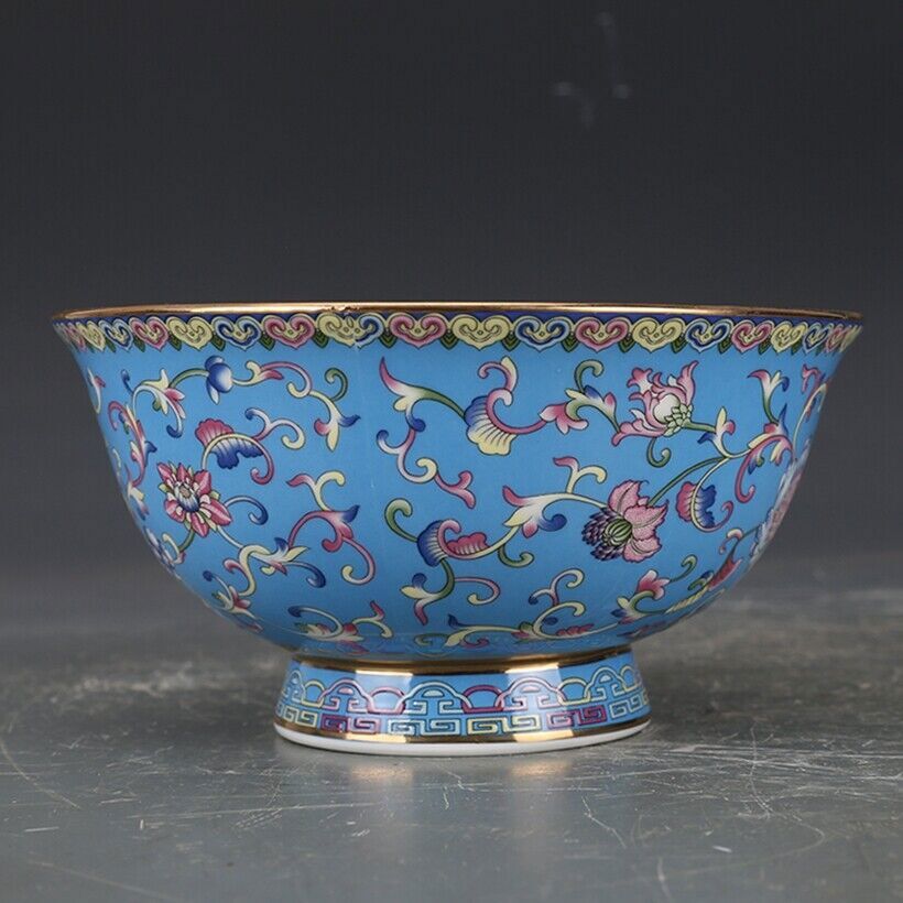 Old Chinese Exquisite Flowers Blue Bowls Porcelain Color Hand Painted Tangled