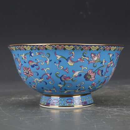 Old Chinese Exquisite Flowers Blue Bowls Porcelain Color Hand Painted Tangled